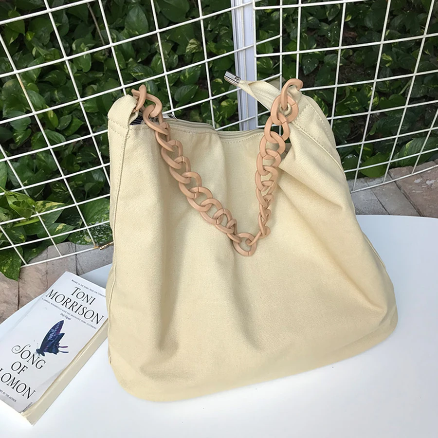 

Casual Canvas Acrylic Chains Totes Women Shoulder Bag Large Capacity Women Handbags Ladies Clutch Shopping Bags Bolsa Feminina