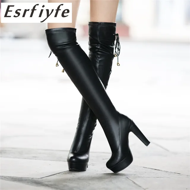 Cheap ESRFIYFE New Big Size 34-48 Women Knee High Boots Fur Inside Warm Winter Boots Slip on Thick High Heels Shoes Platform Footwear Cheap ESRFIYFE New Big Size 34-48 Women Knee High Boots Fur Inside Warm Winter Boots Slip on Thick High Heels Shoes Platform Footwear