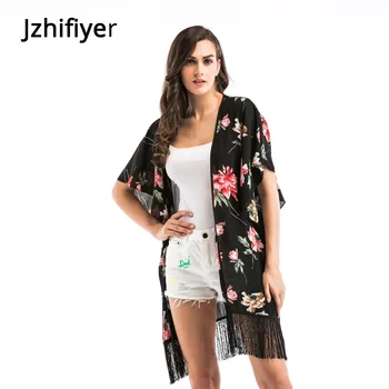 

women cardigan top coats short sleeve thin Kimono chiffon beach bikini cover-up coat long tassel casaco feminino mujer swimwear