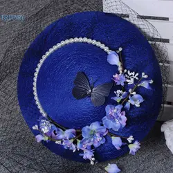 Бритни модные свадебные шляпа Элегантные цветы синий Свадебная шляпка с вуалью кружева Шапки свадебные аксессуары