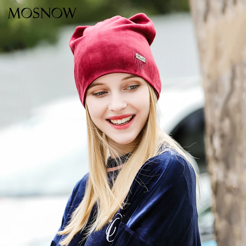 Зимние Шапки для женщина шапочки фланель милый кот уха Rhinestone шляпа девушка осень