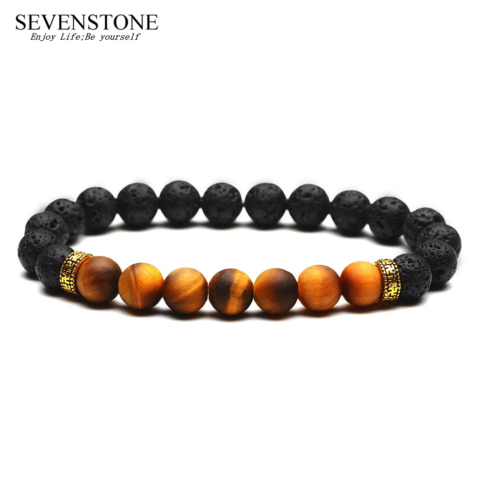 

SEVENSTONE Fashion Charm Reiki 8MM Natural Tiger Eye Stone Rock Stainless Steel Golden Silver Flake Women Bracelet for Lovers