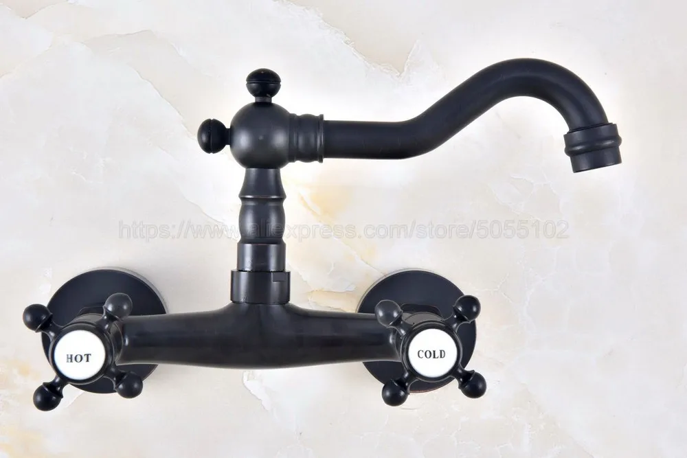 Oil Rubbed Bronze Wall Mounted Swivel Spout Bathroom Sink Faucet Double Handle Mixer Tap Wall Mounted znf451