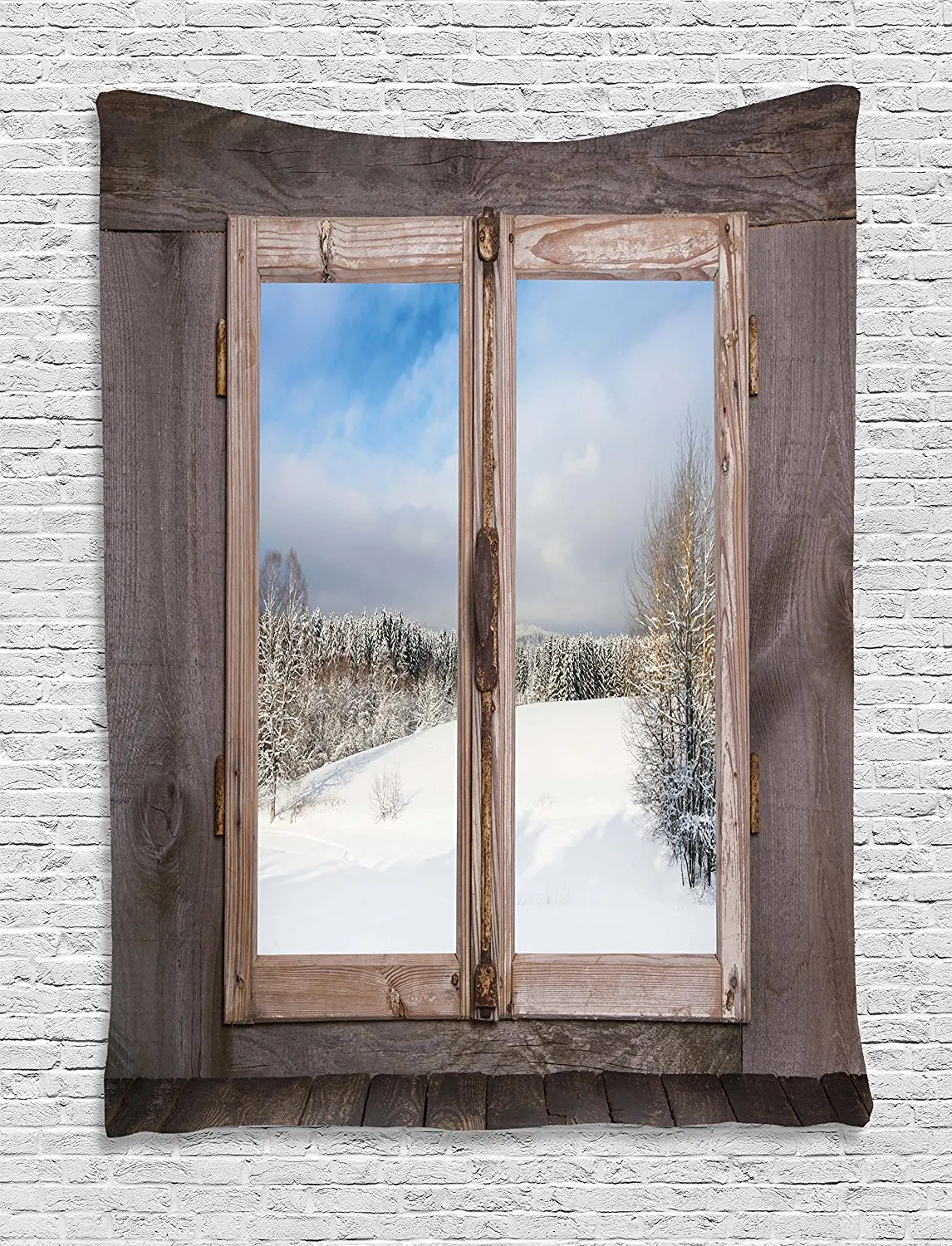 

Rustic Tapestry Winter Season Scene from a Wooden Window of Country House Snow Vintage Design Wall Hanging