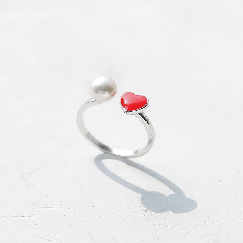 

Silver Fashion Red Enamel Heart Ring With Pearl Rings Open Beautiful Girls Jewelry Factory wholesale