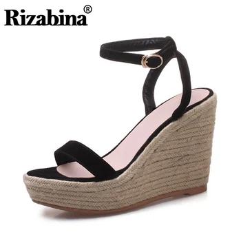 

RIZABINA Women Sandals Genuine Leather Wedges Round Toe Fashion Buckle Platform Shoes Fashion Mature Ladies Shoes Size 34-39