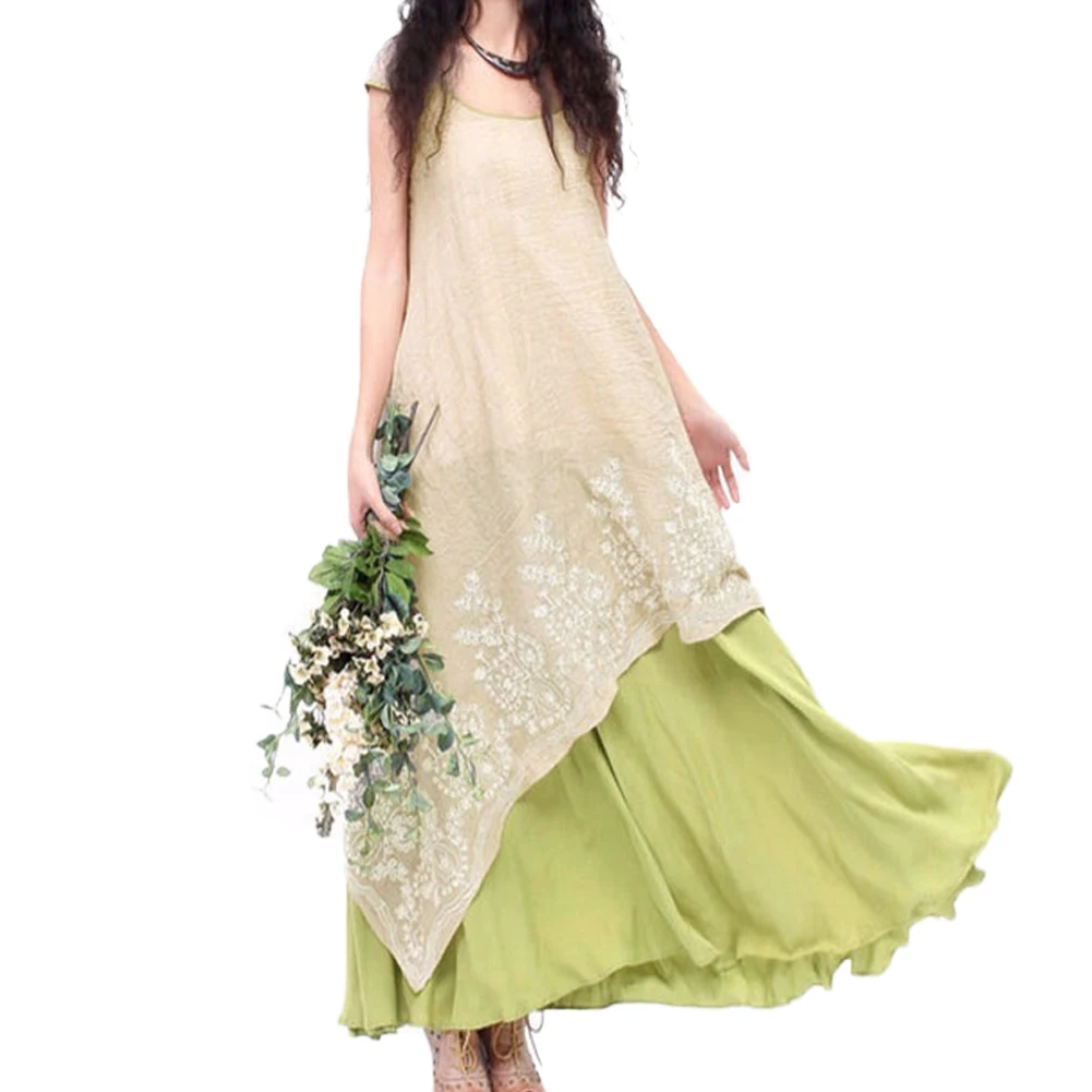 

EaseHut Boho Beach Summer Dress 2019 Elegant Vintage Floral Embroidery Tunic Maxi Long Dress to the Floor Plus Size Linen Dress