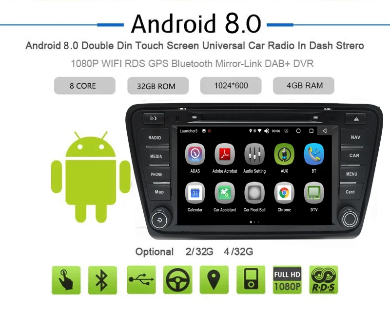 Автомобильный мультимедийный плеер 2 Din Android 8,0 автомобильный DVD для VW/Volkswage Skoda Octavia A7 2013- " 4G/32G сенсорный экран автомобильный Радио gps