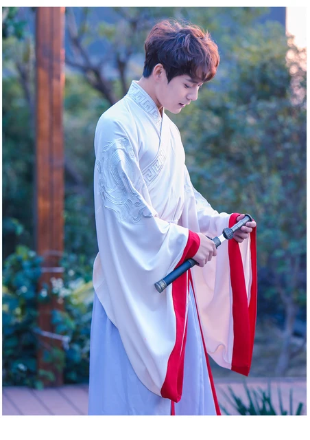 Ancient Chinese Costume Men Performance Outfit For Dynasty Men White Hanfu Costume Satin Robe Chinese Traditional Dress DN2112 -