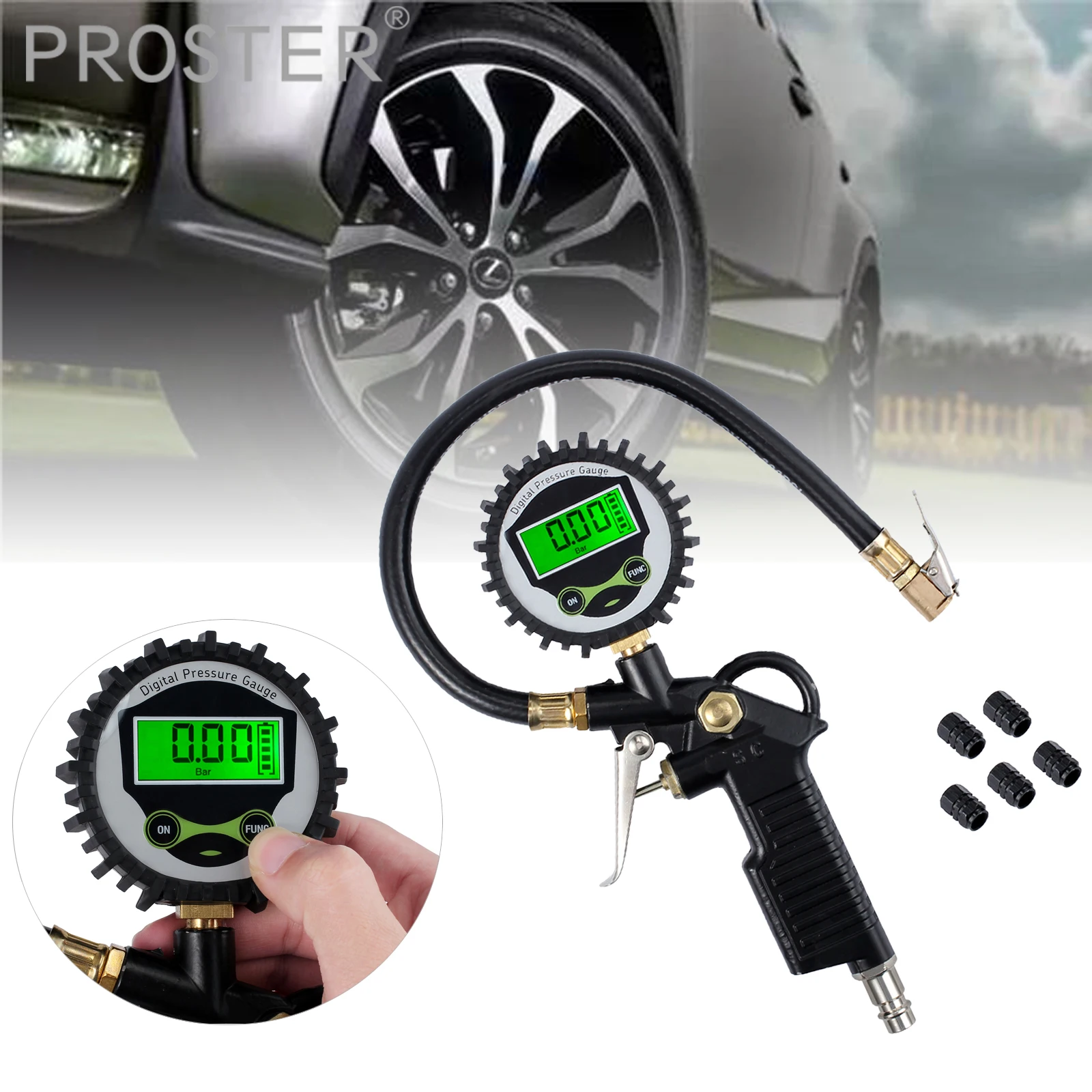 Tanie Proster do cyfrowego wskaźnik ciśnienia w oponach wskaźnik inflatora w oponach 200 PSI z 5 czarnymi nakrętki zaworu Tester pojazdu monitorowanie inflacji