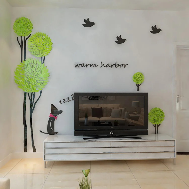 

New arrival 3d Tree birds dog crystal acrylic three-dimensional wall stickers Sofa wall home decoration Wall stickers biggest
