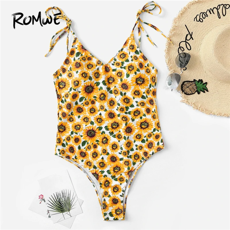 

Romwe Sport Self Tie Shoulder Sunflower One Piece Swimsuit Floral Backless Knot Wire Free Sexy Beach Women Monokinis Swimwear
