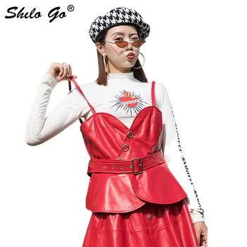 

Streetwear Leather Tanks Womens Casual Metal Belt Strap Ruffles Sheepskin Genuine Leather Caims Casual Colors Female Tops