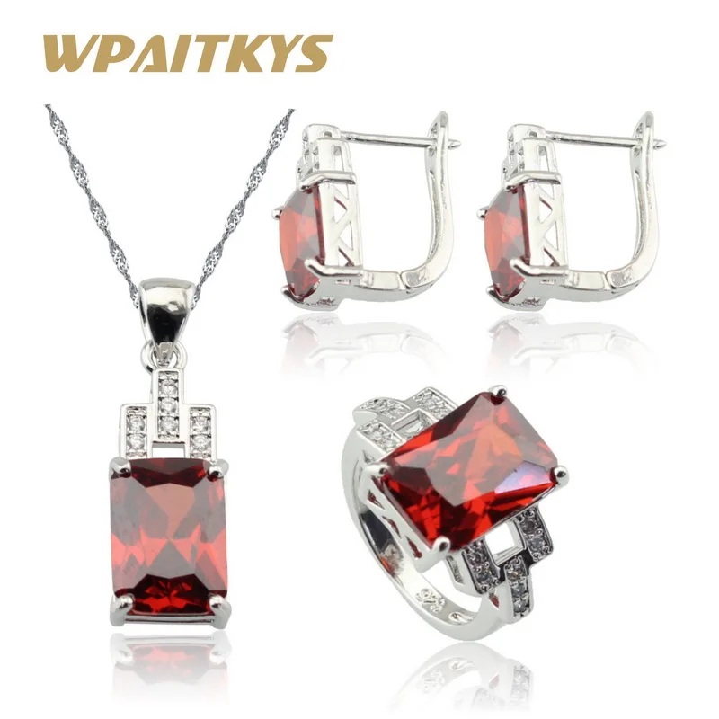 

Red Green Cubic Zirconia Silver Color Jewelry Sets For Women Wedding Christmas Necklace Earrings Rings Free Box WPAITKYS