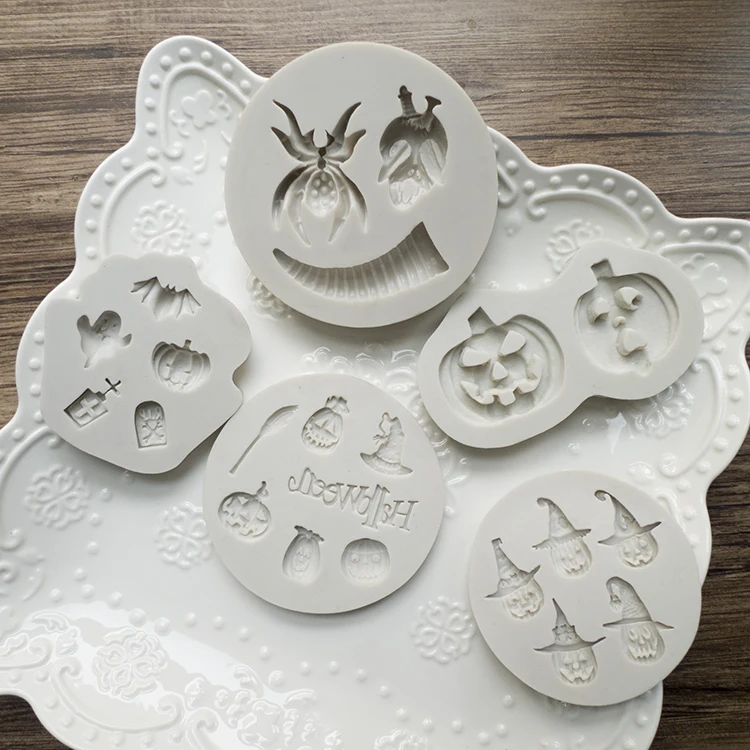 

Silicone Cake Mold Halloween fondant molds Spider pumpkin hat bat letter tombstone Fondant Mould Baking Chocolate resin moulds