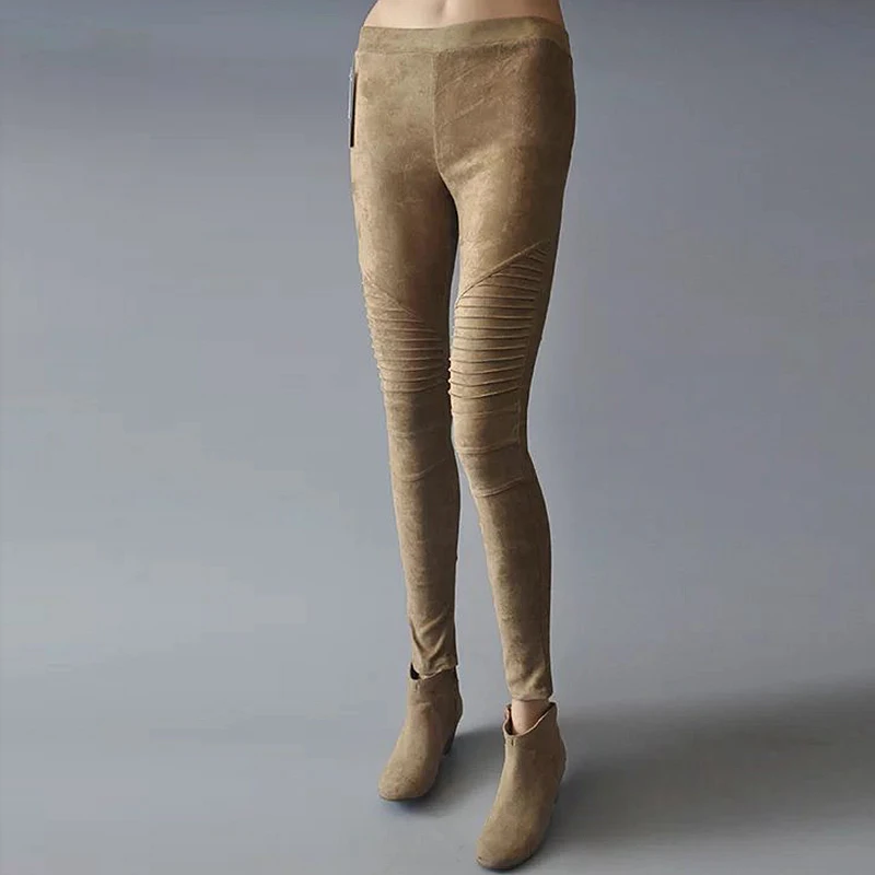 High Elastic Suede Pencil Pants Pleated Spliced Solid Skinny Trousers Women 4 Colors New Fashion Europe