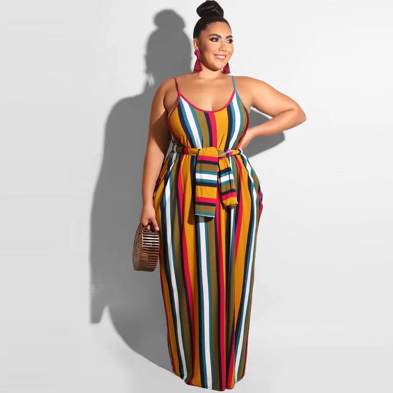 

Plus Size Bandage With Belt Striped Maxi Dress Spaghetti Strap Pocket Long Vestidos Backless Loose Summer Robe Women's Dresses