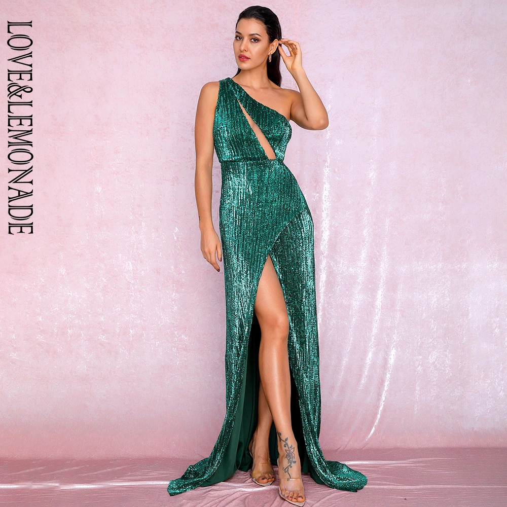 

LOVE&LEMONADE Sexy One Shoulder Cut Out Green Cross Split Sequin Bodycon Maxi Dress LM81952 Autumn/Winter
