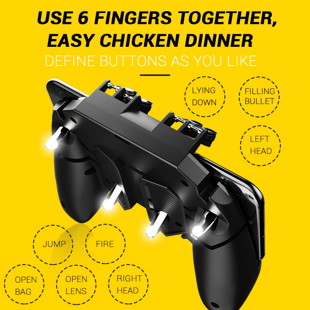 

New Six Finger All-in-One PUBG Mobile Game Controller Free Fire Key Button Joystick Gamepad L1 R1 PUBG Trigger for IPhone Huawei