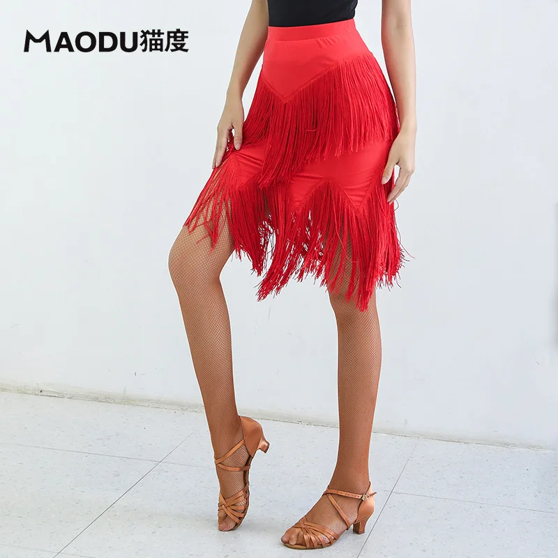 Fashion Tassel Irregular Sexy Modern Latin Dance Short Skirt for Woman/female,Ballroom Tango costume performance wears MD9308 - Цвет: Red