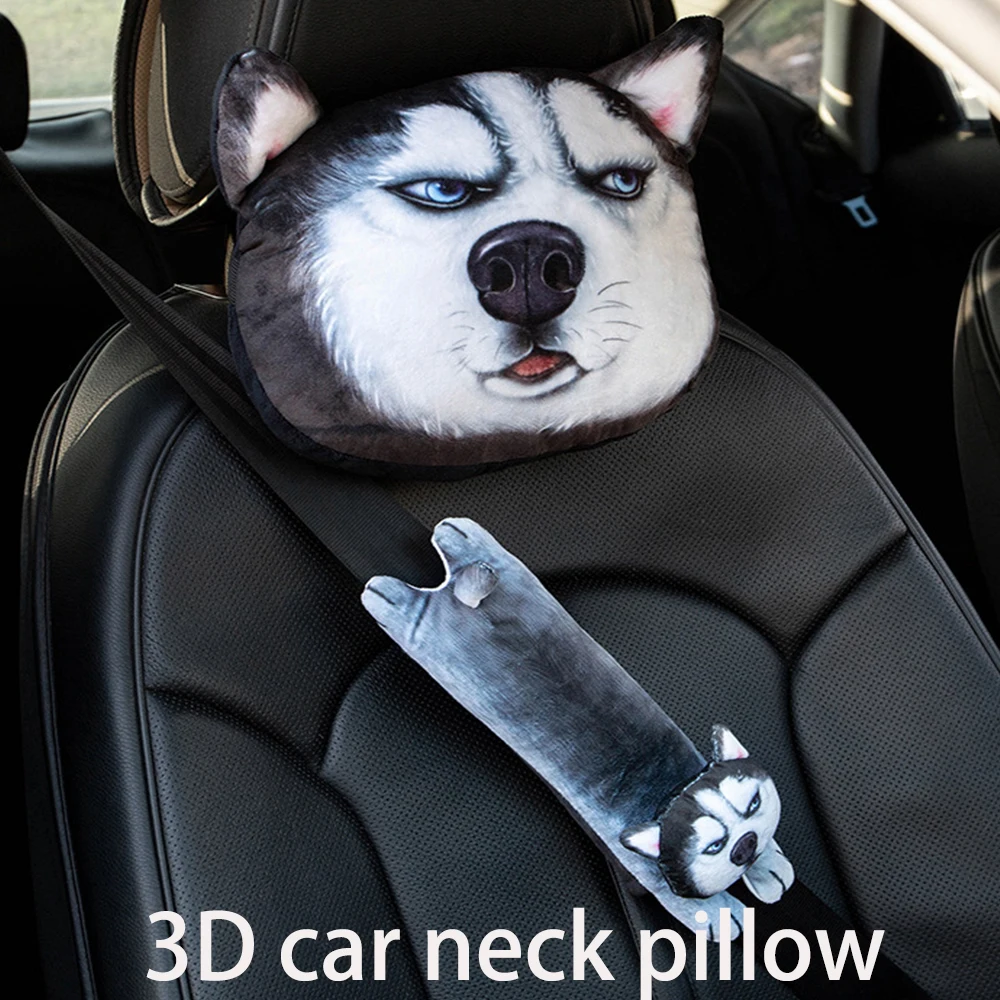 

3D Stereo Cat Dog Car Headrest Lifelike Husky Emoticon Auto Plush Shoulder Pillow PP Cotton Protection Pillow Car Accessories