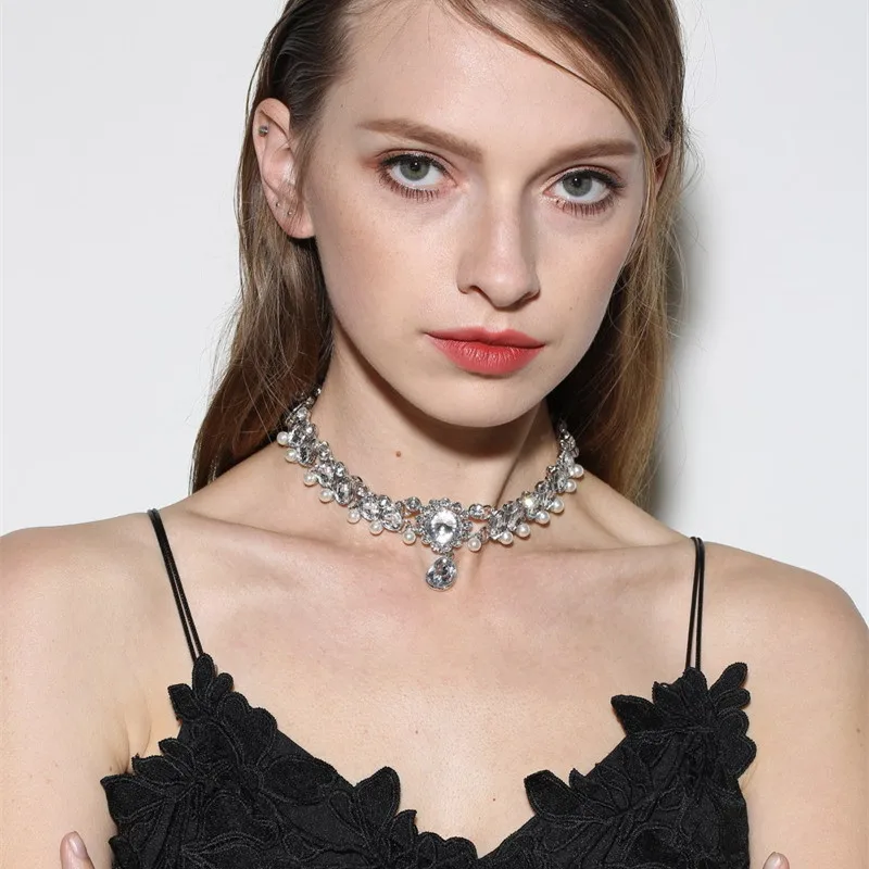 

2017 New Fashion ZA Brand Collier Femme Rhinestone Choker Maxi Statement Pearl Chocker Jewelry Pendant Necklace for Women M232