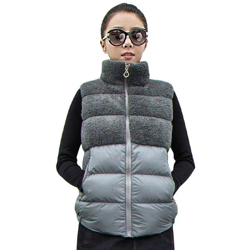 

Plus Size 3XL Lambs Wool Stitching Down Cotton Vest Women New Autumn Winter Thicken Coat Women Vest Short Jacket Waistcoat C4701