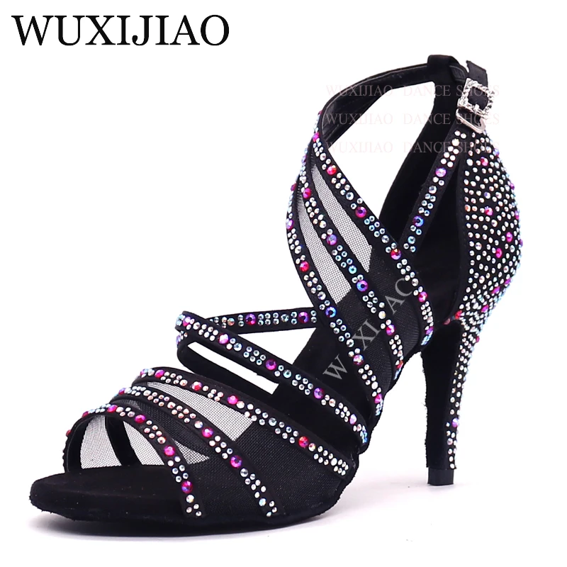 

WUXIJIAO Latin Dance Shoes Women Big Small Rhinestone Salsa Party Wedding Ballroom Dancing Shoes Bronze Black high heel 5-10cm