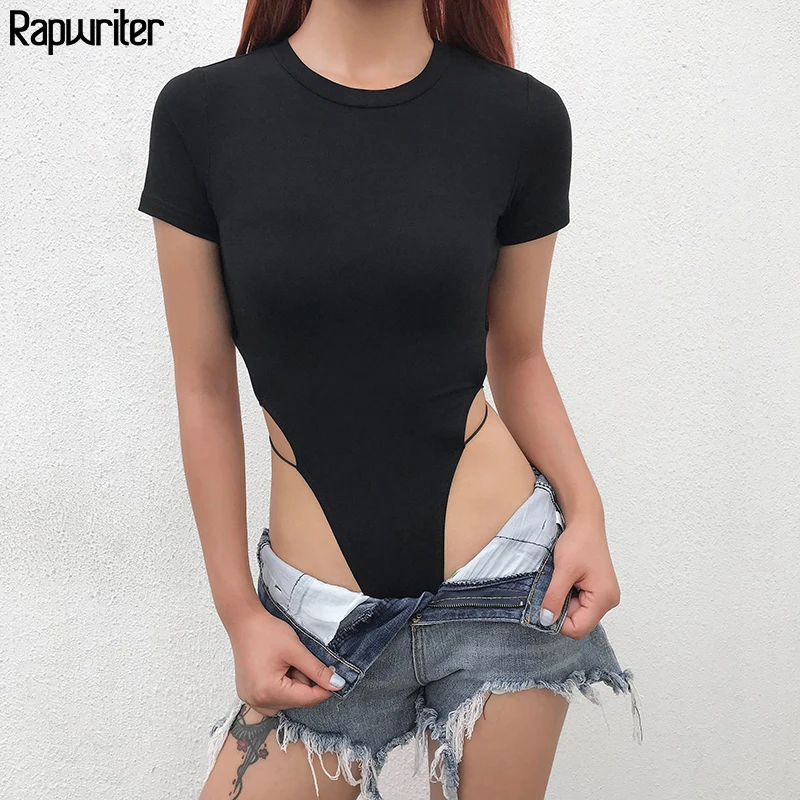 

Rapwriter Skinny Cross Bandage Backless High Waist Sexy Bodysuits Women 2019 Summer Streetwear Short Sleeve Open Crotch Bodysuit