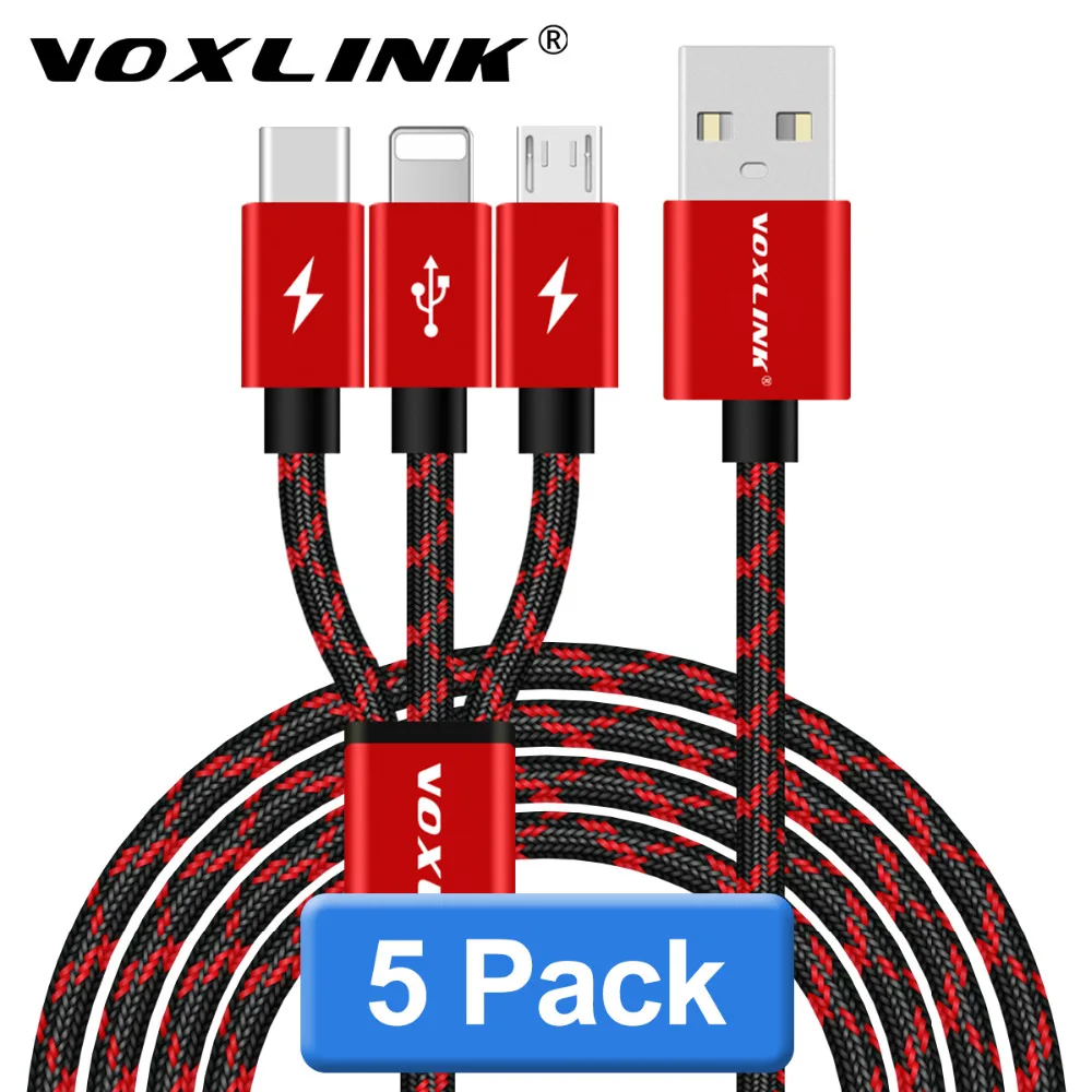 

5Pack 3 IN 1 USB Cable,VOXLINK Micro USB Type C Charger Cable Fast Charging Cable for iPhone Samsung Huawei Xiaomi Phone Cables