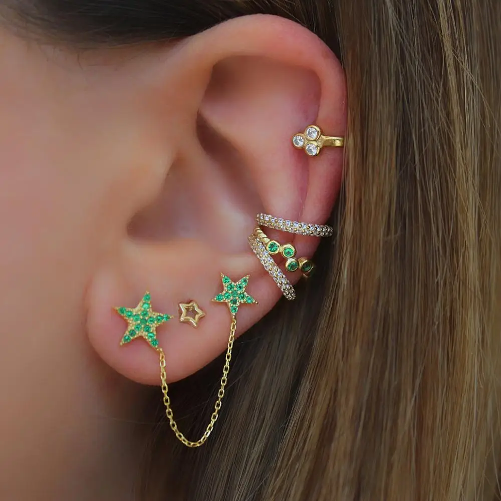 

2019 summer new romantic 1 piece cz star 2 stud earring with chain white red green blue charm cz rainbow stud earrings for women