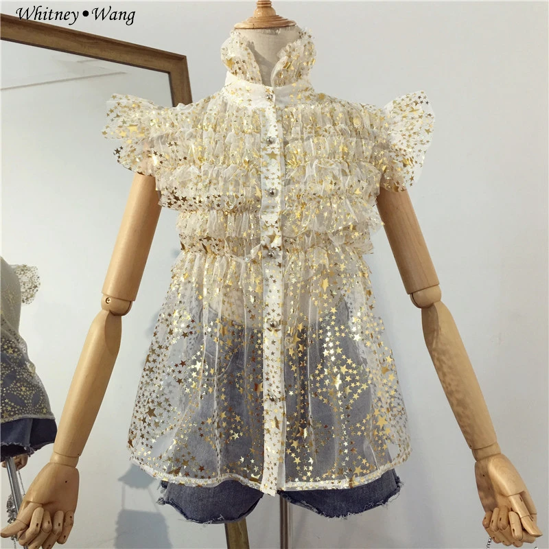 WHITNEY WANG 2018 Summer Fashion Streetwear Stars Sequins Mesh Blouse Women blusas Shirt Tops |