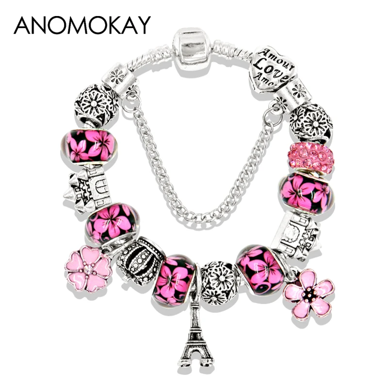 

5 Colors Silver Color Paris Eiffel Tower Charm Pandora Bracelet Crystal Bead Bracelets & Bangles with Heart Flower Jewelry Gift