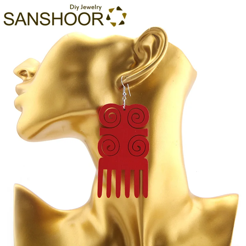 

SANSHOOR New Afrocentric Wooden Earrings Red Comb Shape Large Size Dangler Pick for Black Woman African Style Jewelry 1 Pair