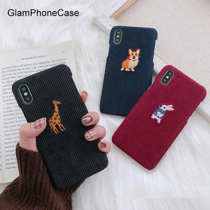 

GlamPhoneCase Embroidered Dog Rabbit Phone Case For iPhone XS Max XR XS 8 8plus 7 7plus 6S 6Splus 6 6plus Corduroy Animal Cover
