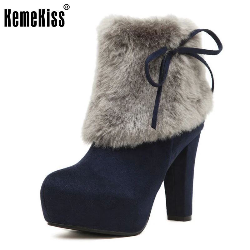 

Women Snow Boots Rabbit Fur Uppers Warm Short Fur Lining Mid calf High Heels Winter Shoes Flock Platform Boots Size 35-39