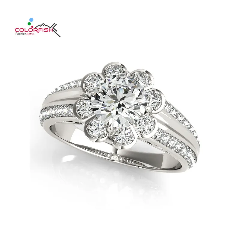 

COLORFISH Round Cut 1 CT Halo Engagement Ring for Women Fashion Jewelry Flower Shape 925 Sterling Silver Female Finger Ring 2018