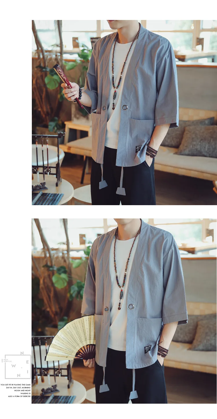 Summer Chinese Style Cotton Linen Kimono Jacket For Men Thin Sunscreen Clothes Kimono Coat Half Sleeve Outerwear hooded jacket