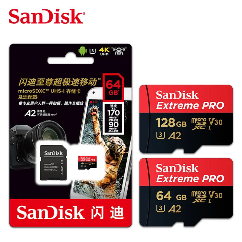 

Original Sandisk Extreme Pro Micro SD Card up to 170MB/s A2 V30 U3 64GB 128GB Sandisk TF Card Memory Card With SD Adapter