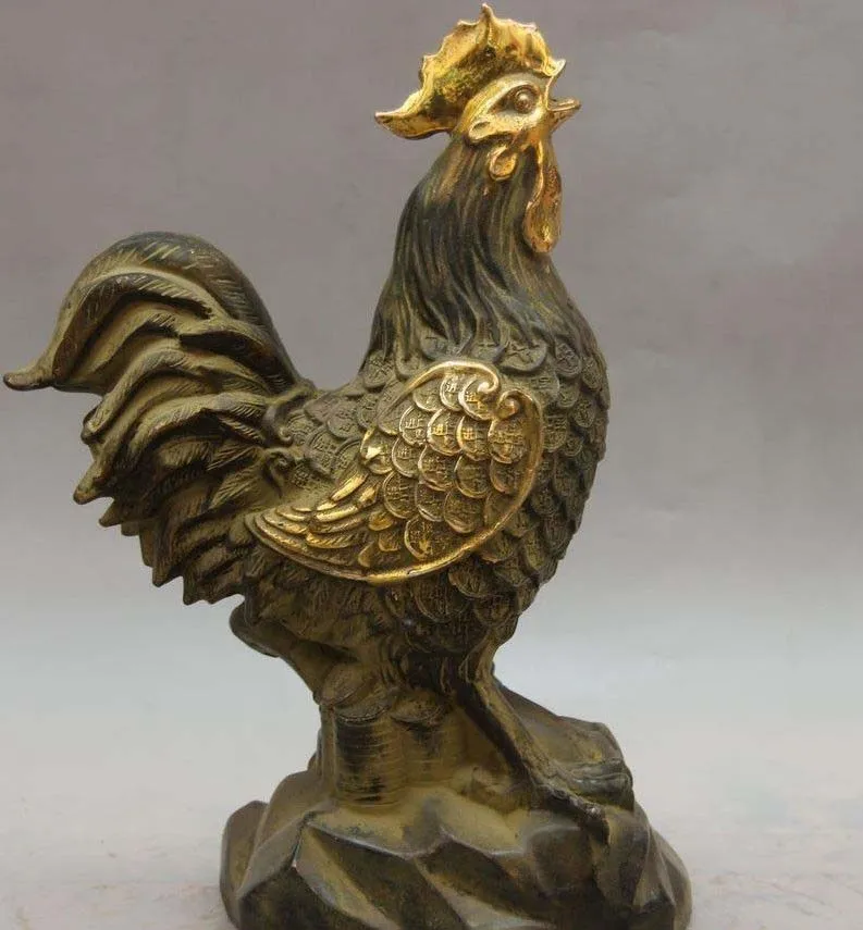

Chinese Bronze Copper Zodiac Ruyi Wealth Money Chicken Chook Cock Rooster Statue