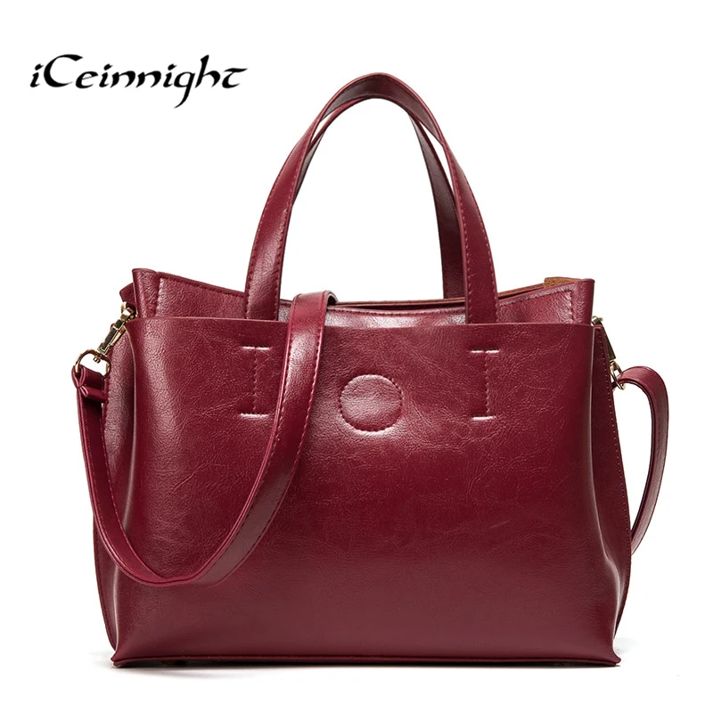 

iCeinnight Women handbags luxury brand 2017 solid shoulder bag high quality pu leather lady elegant oil tote