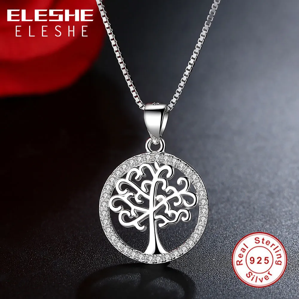 ELESHE Austrian Crystal Eternal tree of life Pendant Necklace 925 Sterling Silver Locket Round Necklace Pendant for Women Girl