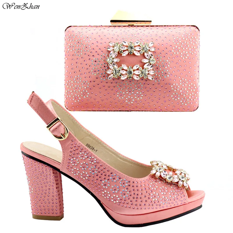 

Young Pink Shoes and Small Clutch Bag For Lady,Nigeria Party Matching Shoes and Bag Set Decorated With Rhinestone C812-6