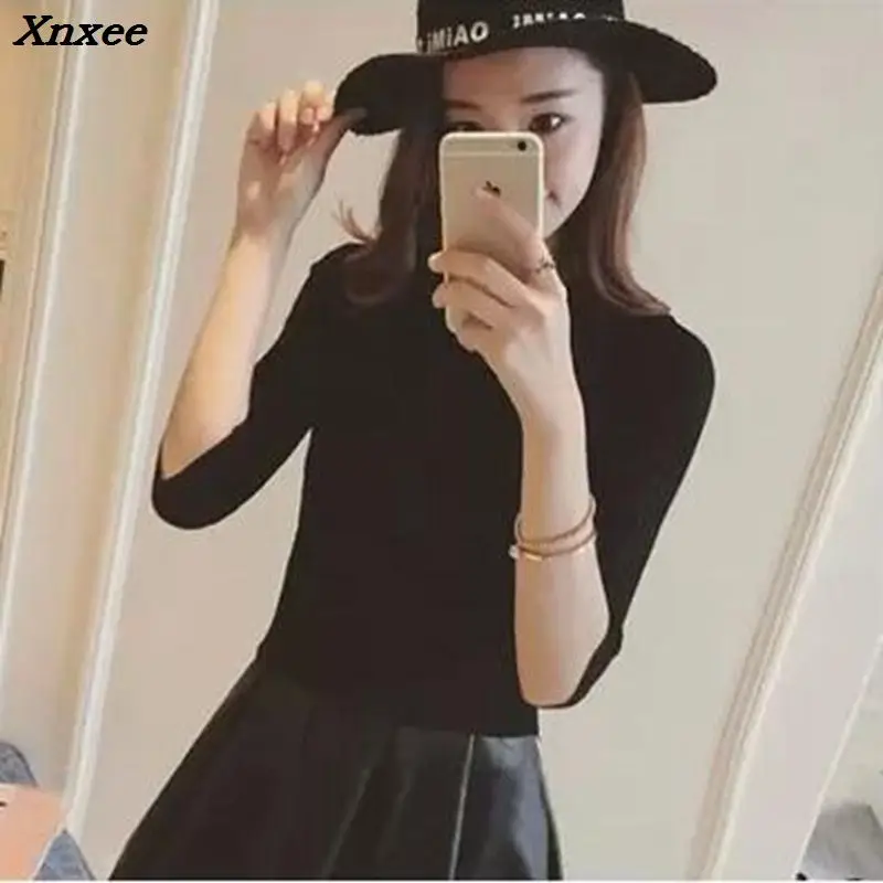 Xnxee The new 2018 half sleeve cotton Crewneck sweater female sleeve head sleeve shirt five solid tight sweater thin repair Xnxee The new 2018 half sleeve cotton Crewneck sweater female sleeve head sleeve shirt five solid tight sweater thin repair