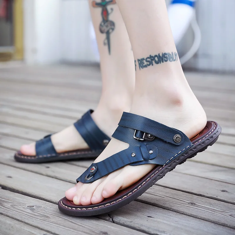 

POLALI 2019 Summer Sandals Men Outdoor Breathable Slippers Leather Men Beach Casual Sandalias Men Slip On Shoes Flip-Flops