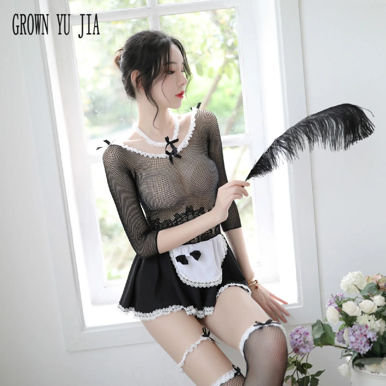 

Sexy Women hollow out net skirt stockings suit sexy cosplay costums erotic maid lingerie french maid uniforms skirt sex play