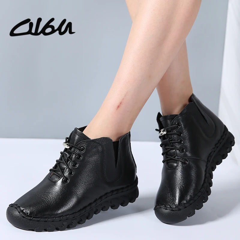

O16U Full Grain Leather Ankle Boots Women Shoes Flats boots Plush Lining Ladies boots Handmade Casual Short boots Female Winter