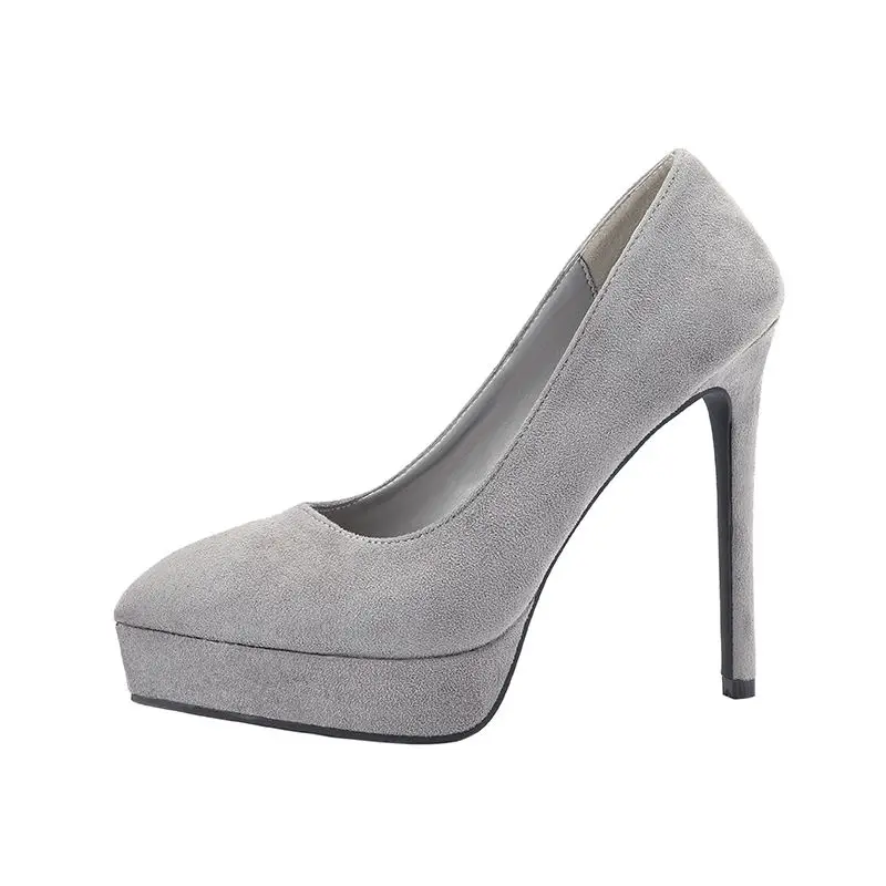 EOEODOIT супер высокие туфли на шпильках обувь на платформе Модные флокированные слипоны острый носок Лифт вечерние Клубные свадебные туфли 13 см - Цвет: Серый