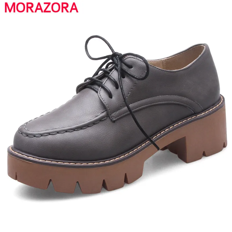

MORAZORA Large size 34-43 platform shoes fashion retro lace-up high heels shoes round toe single PU solid spring women pumps