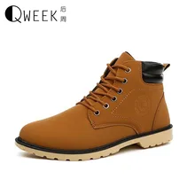QWEEK Men High Boots Pu Leather Casual Autumn/winter Fashion Ankle Boots Breathable Flats Lace Up Shoes Work Martin Boots Men